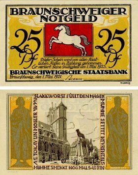 Banknote Germany Notgeld 25 pfennig 1921 F-VF Old Braunschweig