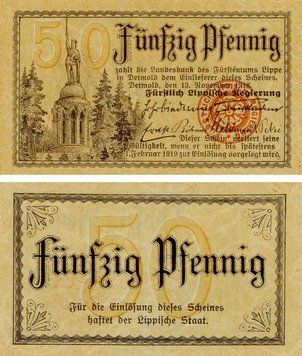 Banknote Germany Notgeld 50 pfennig 1918 F-VF Detmold