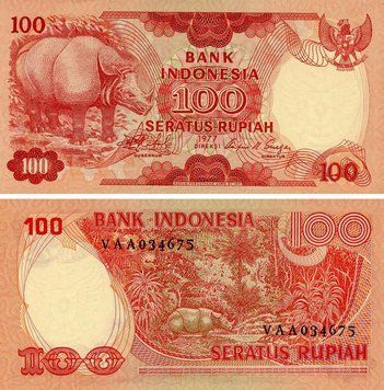 Банкнота Індонезія 100 рупій 1977 UNC Тварина - Носоріг (P116) Б21133 фото