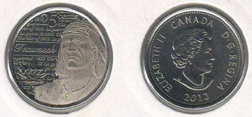 Монета Канада 25 центів 2012 &laquo;Війна 1812 року - Вождь Шайенна Текумсе&raquo; UNC (KM#1324) М03147 фото
