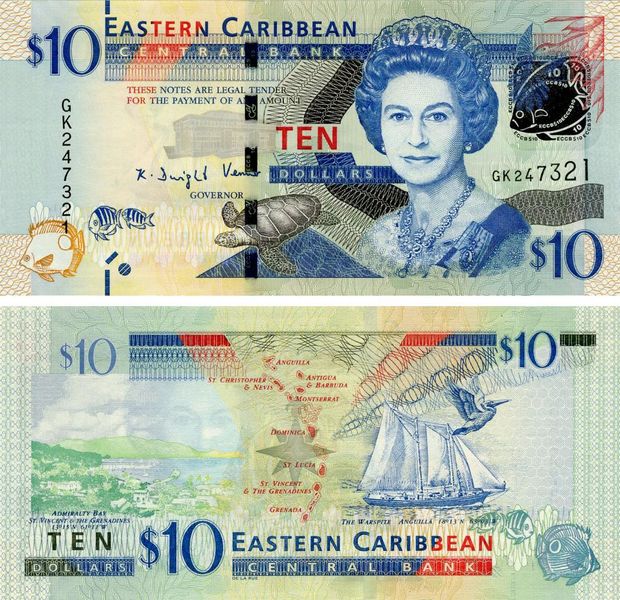 Eastern Caribbean 10 dollars 2015 UNC (P52b) Fish, Turtle, Bird, Sailboat