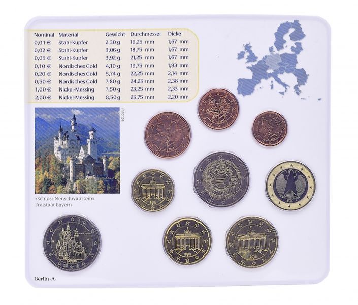 Germany set of 9 euro coins 2012 UNC A 1, 2, 5, 10, 20, 50 euro cent, 1, 2 euro, commemorative 2 euro blister