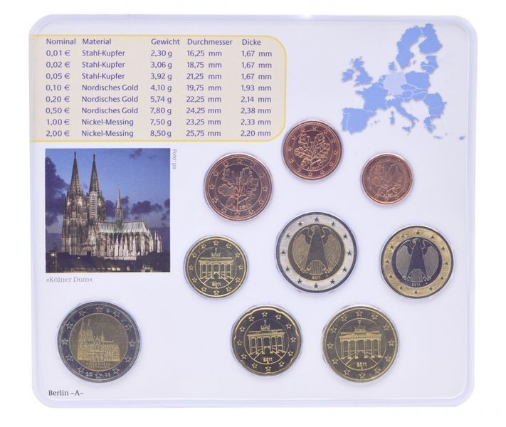 Coins set Germany 9-coin set of euro 2011 UNC A 1, 2, 5, 10, 20, 50 euro cents, 1, 2 euros, commemorative 2 euros Blister