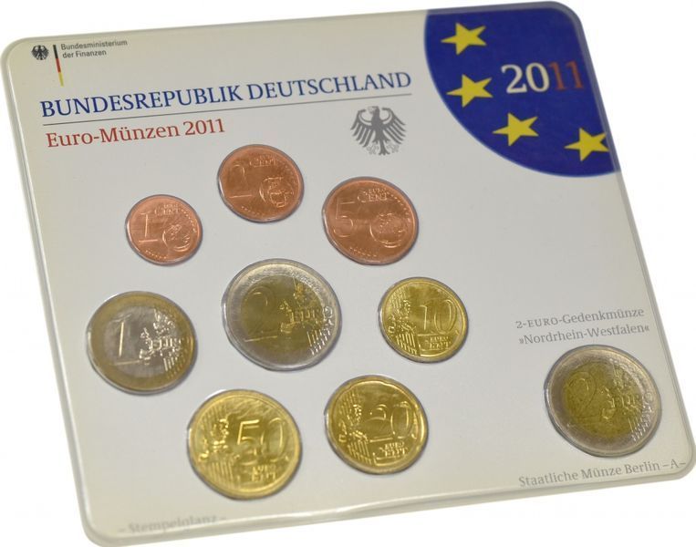 Coins set Germany 9-coin set of euro 2011 UNC A 1, 2, 5, 10, 20, 50 euro cents, 1, 2 euros, commemorative 2 euros Blister