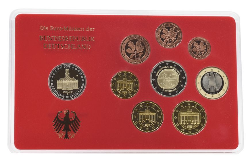 Coins set Germany 9-coin set of euro 2009 UNC G 1, 2, 5, 10, 20, 50 euro cents, 1, 2 euros, commemorative 2 euros Blister
