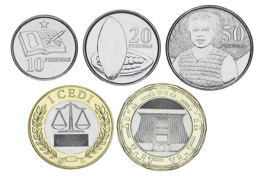 Ghana 5 coin set 2016-2022 UNC 10, 20, 50 pesewa, 1, 2 cedis