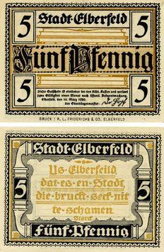 Banknote Germany Notgeld 5 pfennig 1920 F-VF Elberfeld Variety 2