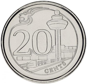 Singapore 20 cents 2013 AU-UNC Changi Airport (KM # 347)