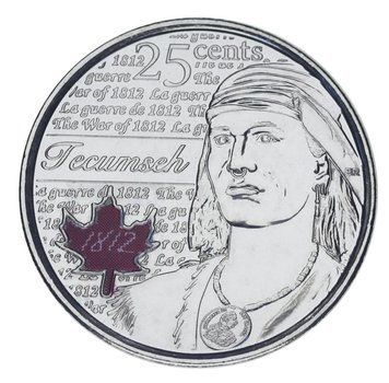 Монета Канада 25 центів 2012 &laquo;Війна 1812 року - Вождь Шайенна Текумсе&raquo; UNC кольорова (KM#1324a) М03148 фото