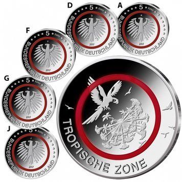 Набір монет Німеччина набір з 5 монет по 5 євро 2017 UNC A, D, F, G, J &laquo;Тропічна зона&raquo; М06053 фото