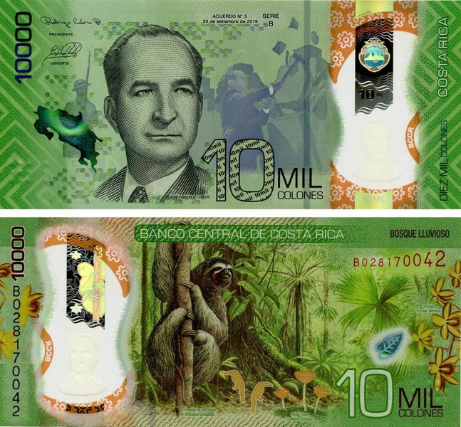 Costa Rica 10000 colones 2019 (2021) UNC Polymer Animal - Sloth (Pnew)