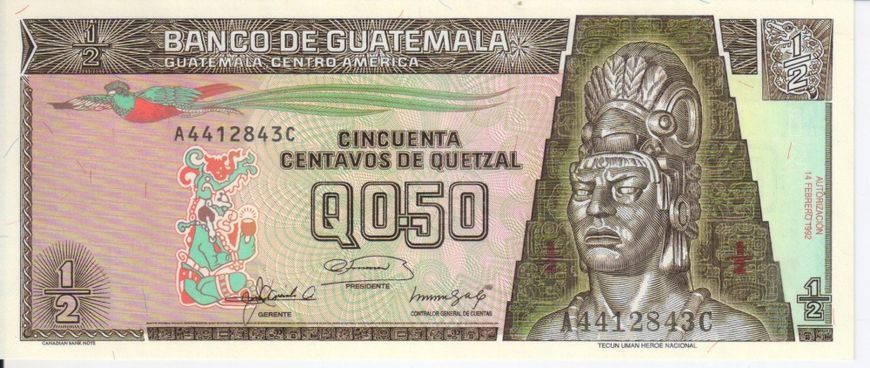 Банкнота Гватемала 1/2 кетсалів 1992 UNC Февраль (P72b) Б06151 фото