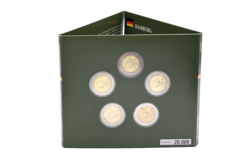 Coins set Germany set of 5 coins for 2 euros 2008 A, D, F, G, J "Hamburg" UNC Blister