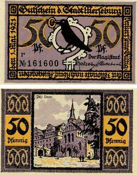 Banknote Germany Notgeld 50 pfennig 1921 F-VF Merseburg Variety 5