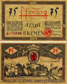 Banknote Germany Notgeld 75 pfennig 1921 F-VF Bremen