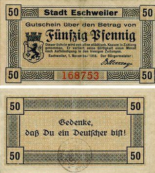 Banknote Germany Notgeld 50 pfennig 1918 F-VF Eschweiler