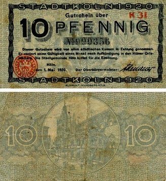 Banknote Germany Notgeld 10 pfennig 1920 F-VF Cologne (K) Variety 1