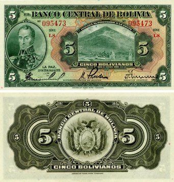 Банкнота Боливия 5 боливиан 1928 AU-UNC (P120a) Б23561 фото