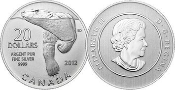 Canada 20 dollars 2012 "Polar Bear" Silver UNC (km # 1226)