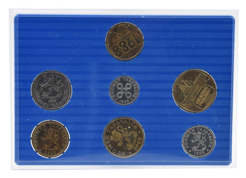 Набор монет Финляндия набор из 6 монет 1988 AU-UNC 5, 10, 20, 50 пенни, 1, 5 марки в сувенирной упаковке М23090 фото