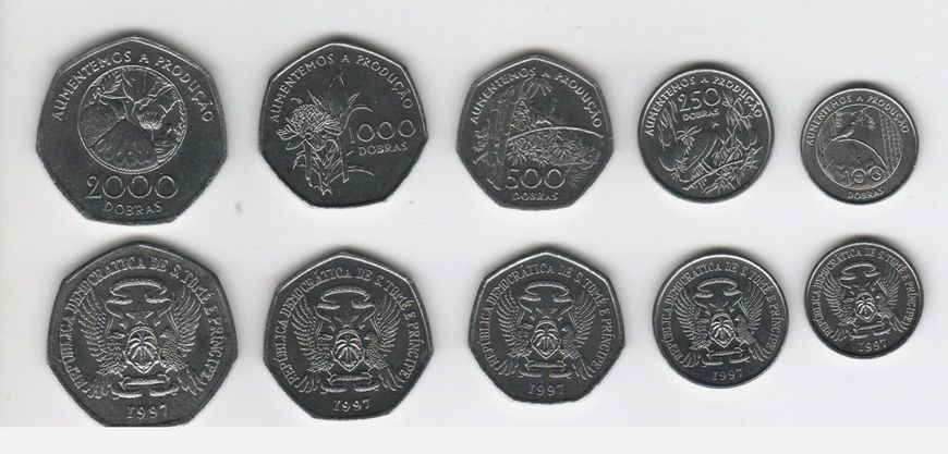 Набор монет Сан-Томе и Принсипи набор из 5 монет 1997 UNC 100, 250, 500, 1000, 2000 добра М04390 фото
