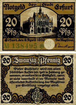 Banknote Germany Notgeld 20 pfennig 1920 F-VF Erfurt Variety 1