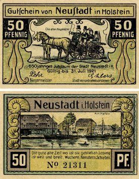 Banknote Germany Notgeld 50 pfennig 1921 F-VF Neustadt Variety 1
