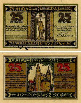 Banknote Germany Notgeld 25 pfennig 1921 F-VF Gernrode Variety 1