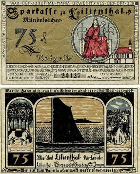 Banknote Germany Notgeld 75 pfennig 1921 F-VF Lilienthal