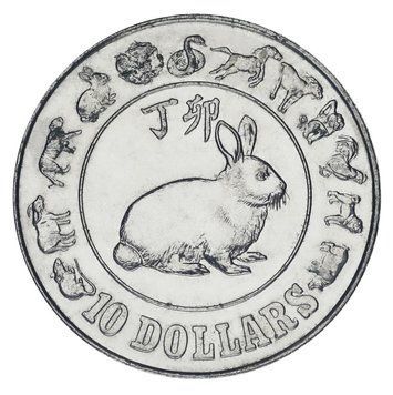 Монета Сінгапур 10 доларів 1987 UNC Східний календар &mdash; Рік Кролика М22415 фото
