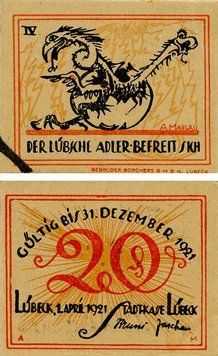 Banknote Germany Notgeld 20 pfennigs 1921 F-VF Lubeck Variety