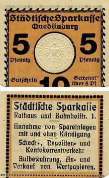 Banknote Germany Notgeld 5 pfennig F-VF Quedlinburg