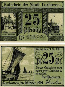 Banknote Germany Notgeld 25 pfennig 1921 F-VF Cuxhaven
