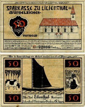 Banknote Germany Notgeld 50 pfennig 1921 F-VF Lilienthal