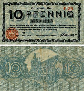 Banknote Germany Notgeld 10 pfennig 1918 F-VF Cologne