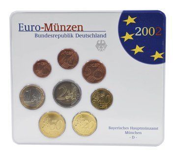 Набір монет Німеччина набір з 8 монет євро 2002 UNC D 1, 2, 5, 10, 20, 50 євроцентів, 1, 2 євро в сувенірній упаковці М19740 фото