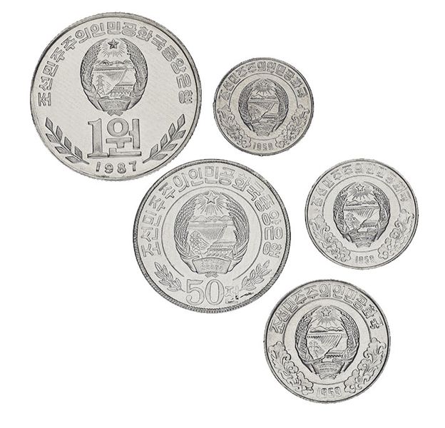 Північна Корея набір з 5 монет 1959-1987 UNC 1, 5, 10, 50 чон, 1 геть М00104 фото