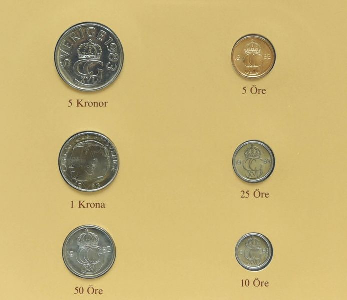 Sweden Set of coins 1983 UNC 5, 10, 25, 50 ore 1, 5 kronor and 1 mark Booklet