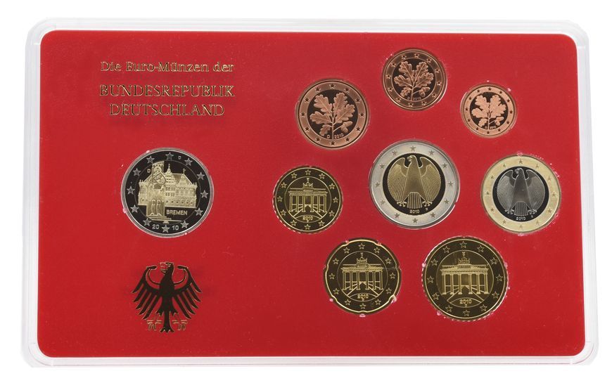 Coins set Germany 9-coin set of euro 2010 UNC D 1, 2, 5, 10, 20, 50 euro cents, 1, 2 euros, commemorative 2 euros Blister