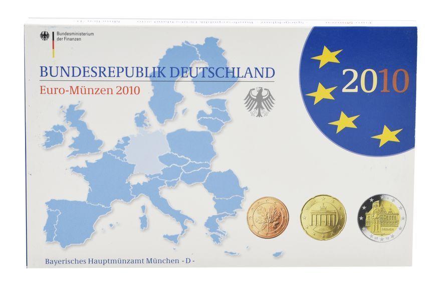 Coins set Germany 9-coin set of euro 2010 UNC D 1, 2, 5, 10, 20, 50 euro cents, 1, 2 euros, commemorative 2 euros Blister