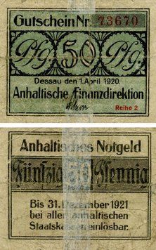 Banknote Germany Notgeld 50 pfennig 1920 G-VG Dessau Variety 1