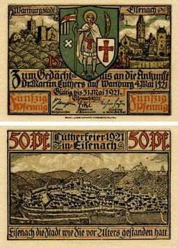Banknote Germany Notgeld 50 pfennig 1921 F-VF Eisenach Variety 1
