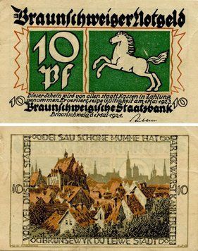 Banknote Germany Notgeld 10 pfennig 1921 F-VF Braunschweig Variety 5