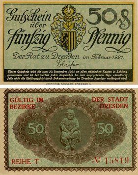 Banknote Germany Notgeld 50 pfennig 1921 F-VF Dresden Variety 2