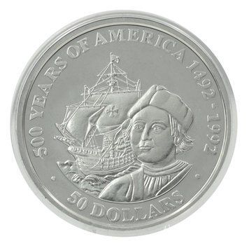 Монета Острови Кука 50 доларів 1989 Срібло Proof 500 років Відкриттю Америки &ndash; Христофор Колумб і Корабель М22591 фото