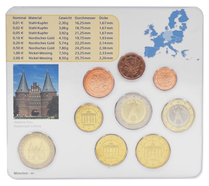 Coins set Germany 9-coin set of Euro 2006 UNC D 1, 2, 5, 10, 20, 50 euro cents, 1, 2 euros, commemorative 2 euros Blister