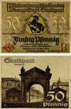 Banknote Germany Notgeld 50 pfennig 1921 F-VF Stuttgart Variety 2