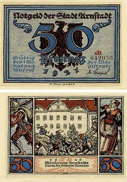 Banknote Germany Notgeld 50 pfennig 1921 F-VF Arnstadt Variety 2