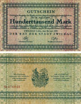 Banknote Germany Notgeld 100,000 marks 1923 G-VG Zwickau