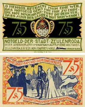 Banknote Germany Notgeld 75 pfennig 1921 F-VF Zeulenroda Variety 2